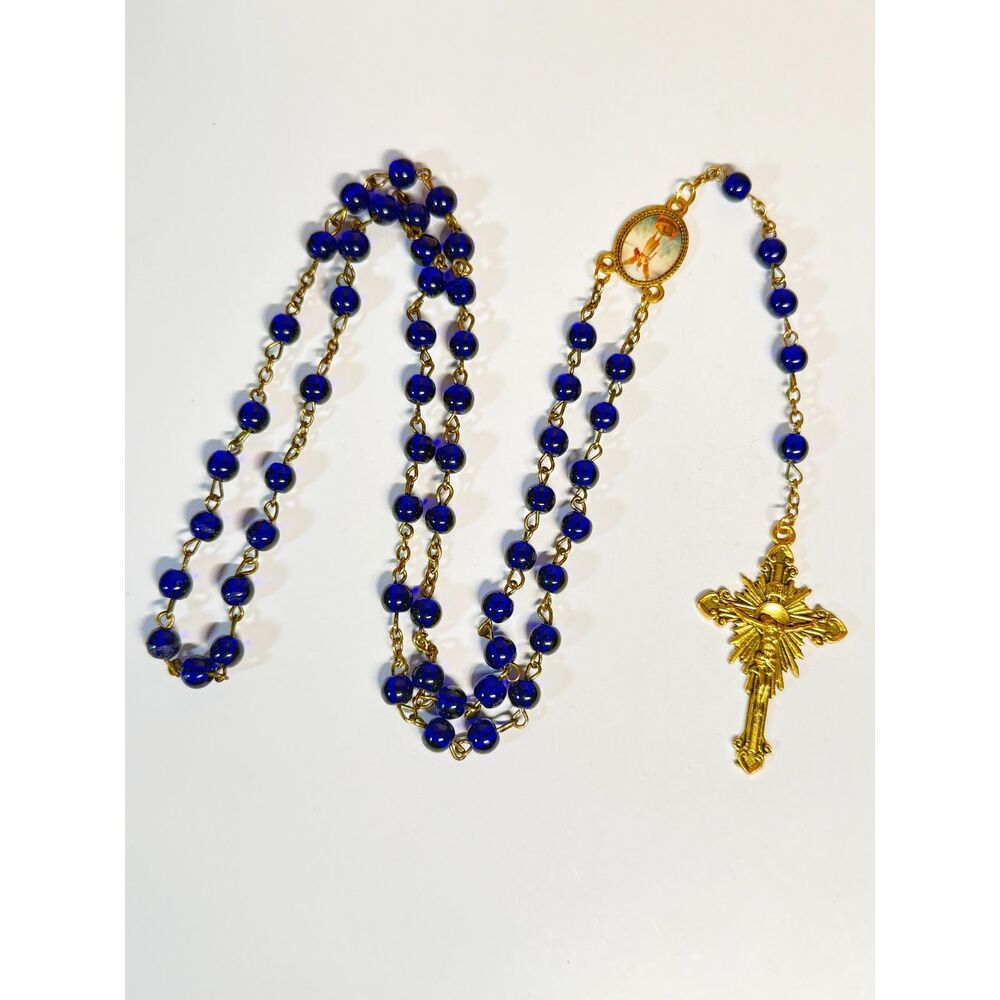 Vintage Gold Tone Blue Bead Rosary Saint Michael Crucifix 28 In